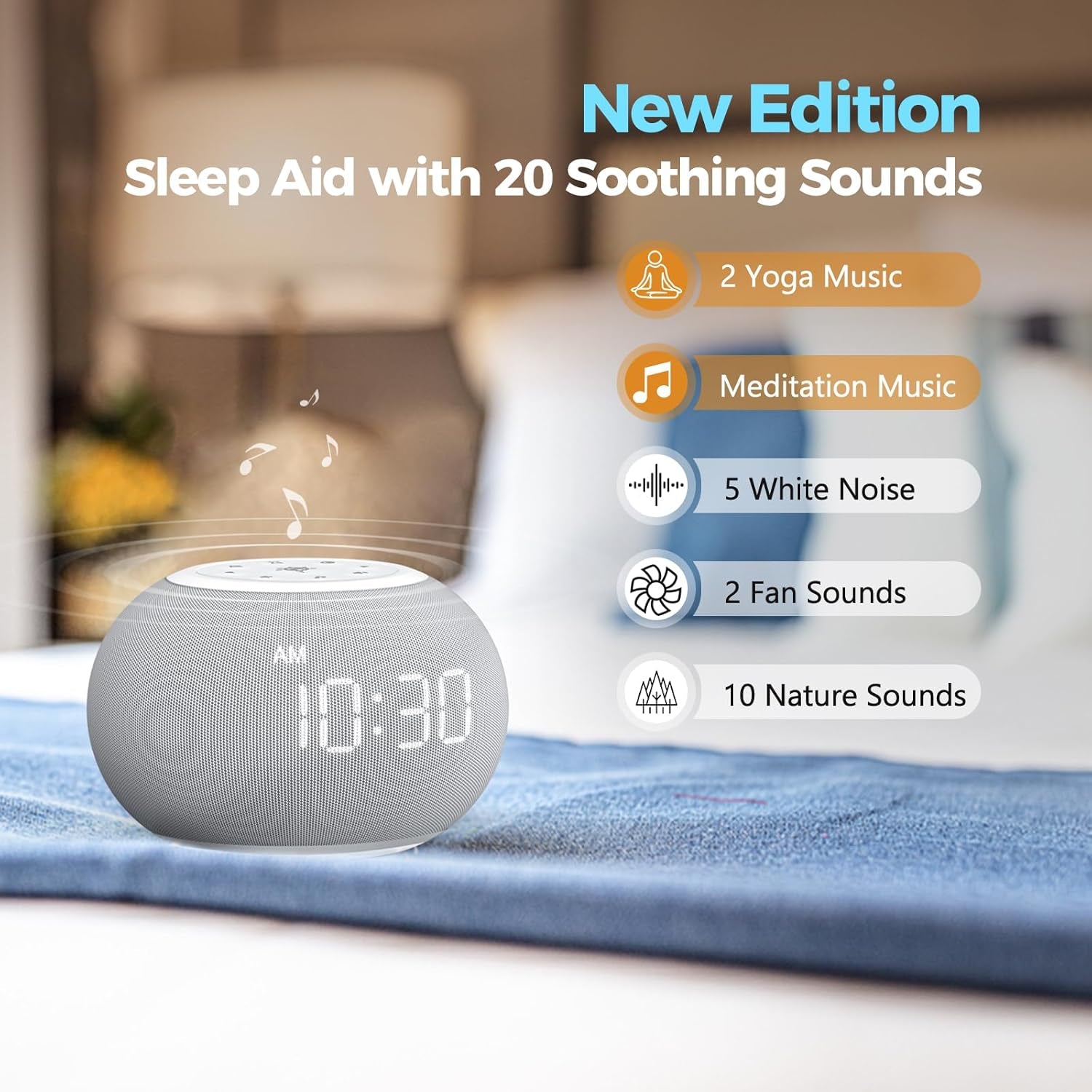 Auto-Dimmable Sound Machine Alarm Clock with Night Light, 20 Soothing Sounds, LED Digital Display, Sleep Timer, Precise Volume Control, White Noise Soother for Baby, Adults, Bedrooms