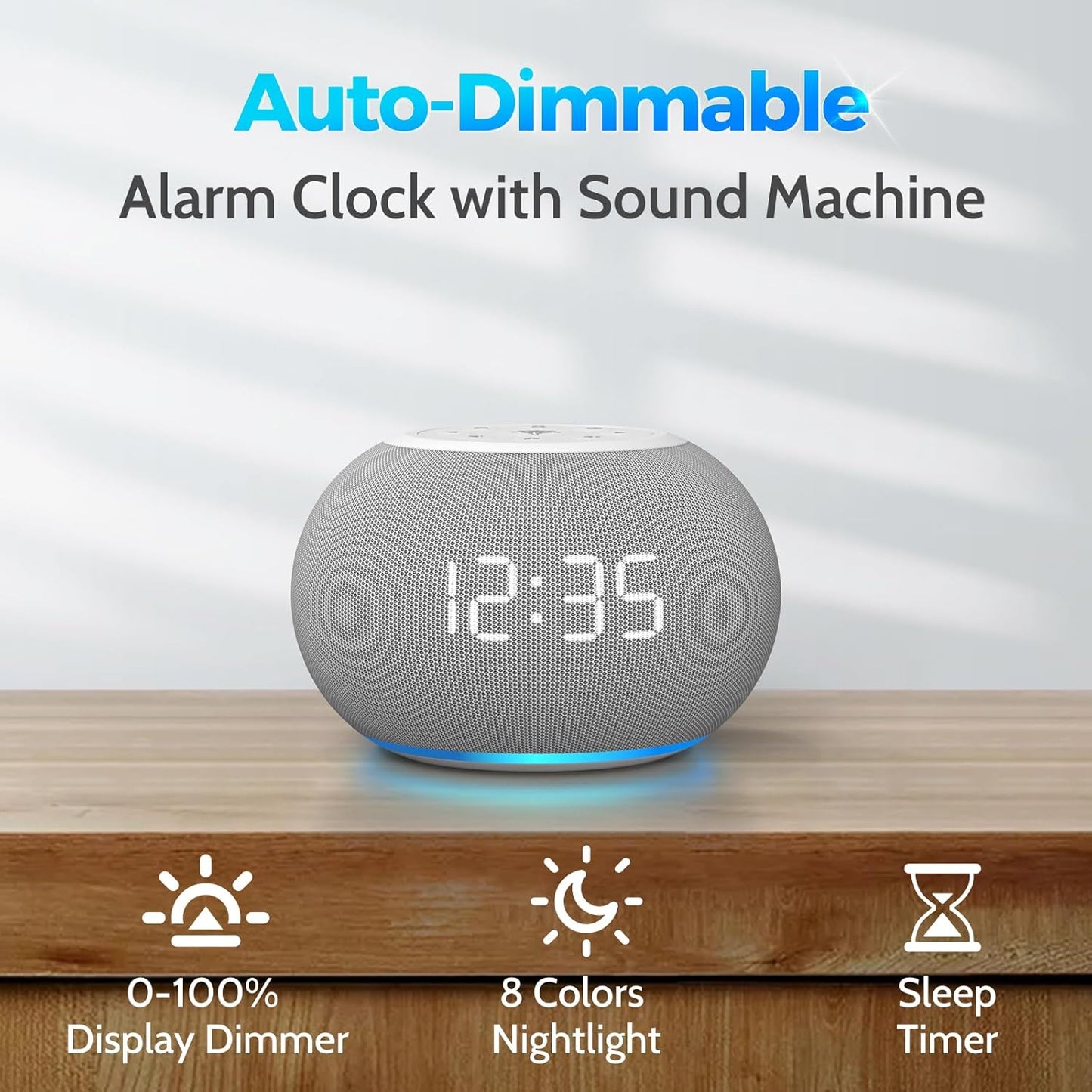 Auto-Dimmable Sound Machine Alarm Clock with Night Light, 20 Soothing Sounds, LED Digital Display, Sleep Timer, Precise Volume Control, White Noise Soother for Baby, Adults, Bedrooms