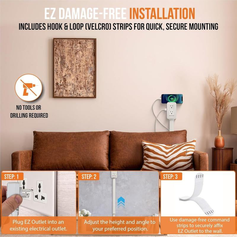 EZ Outlet Electrical Outlet Extender with USB-A USB-C & 2 AC Outlets Swivel Socket 22-34" Extension for Couches Nightstands Desks